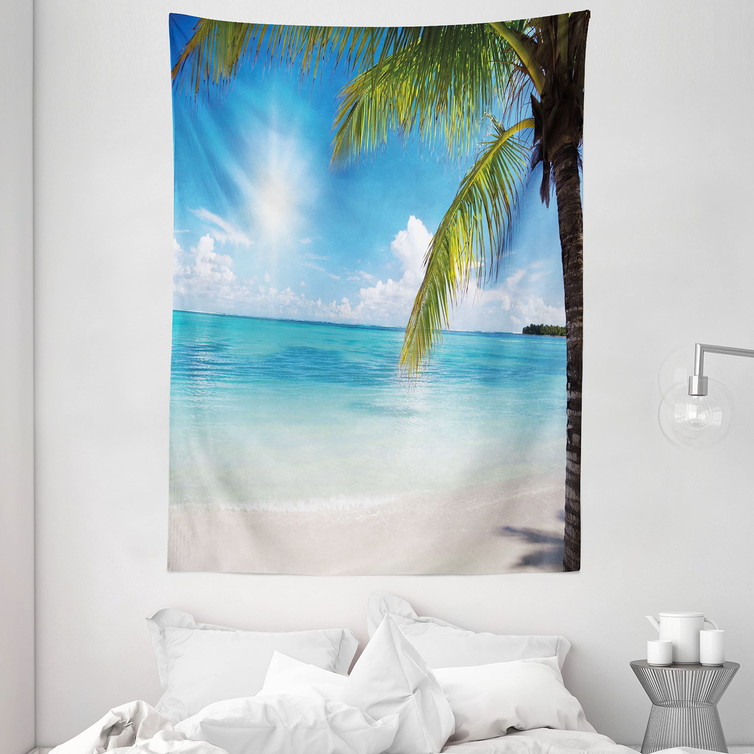ABAKUHAUS Summer Tapestry, Tropical Paradise Beach with Coconut Palms Crystal Ocean Clear Sky, Wall Hanging for Bedroom Living Room Dorm, 60 W X 80 L, Sky Blue Fern Green Pearl