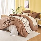 TISPLR Queen Comforter Set, Double-Layer Crinkle Gauze Cocoa Brown Bed Set, 3 Pieces Soft Bedding for All-Season, Lightweight Warmth with 2 Pillowcases