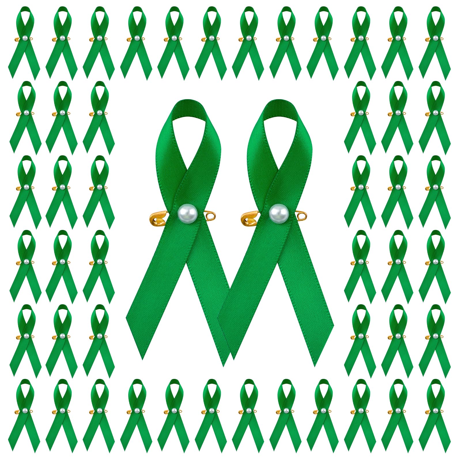 WANDIC 100Pcs Green Ribbon Badges with Pearl,Mental Health Awareness Pins Liver Cancer Brooches Hope Badges for Charitable Activities