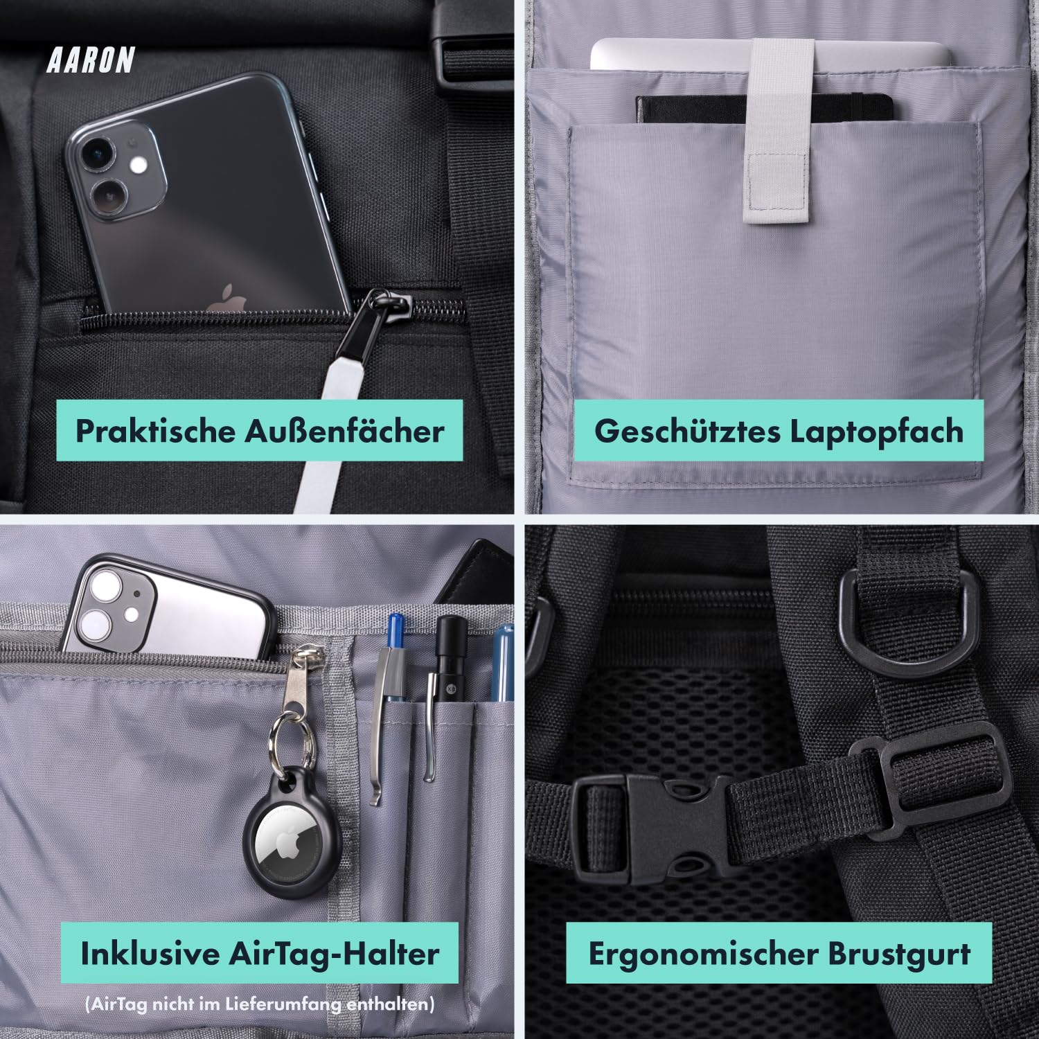 AARON Rolltop Rucksack Damen und Herren, mit Laptopfach, inkl. AirTag Halter, Daypacks, Rollrucksack aus recycletem PET für UNI, Reisen, Alltag, Rolltop Backpack in schwarz und Blumen 5