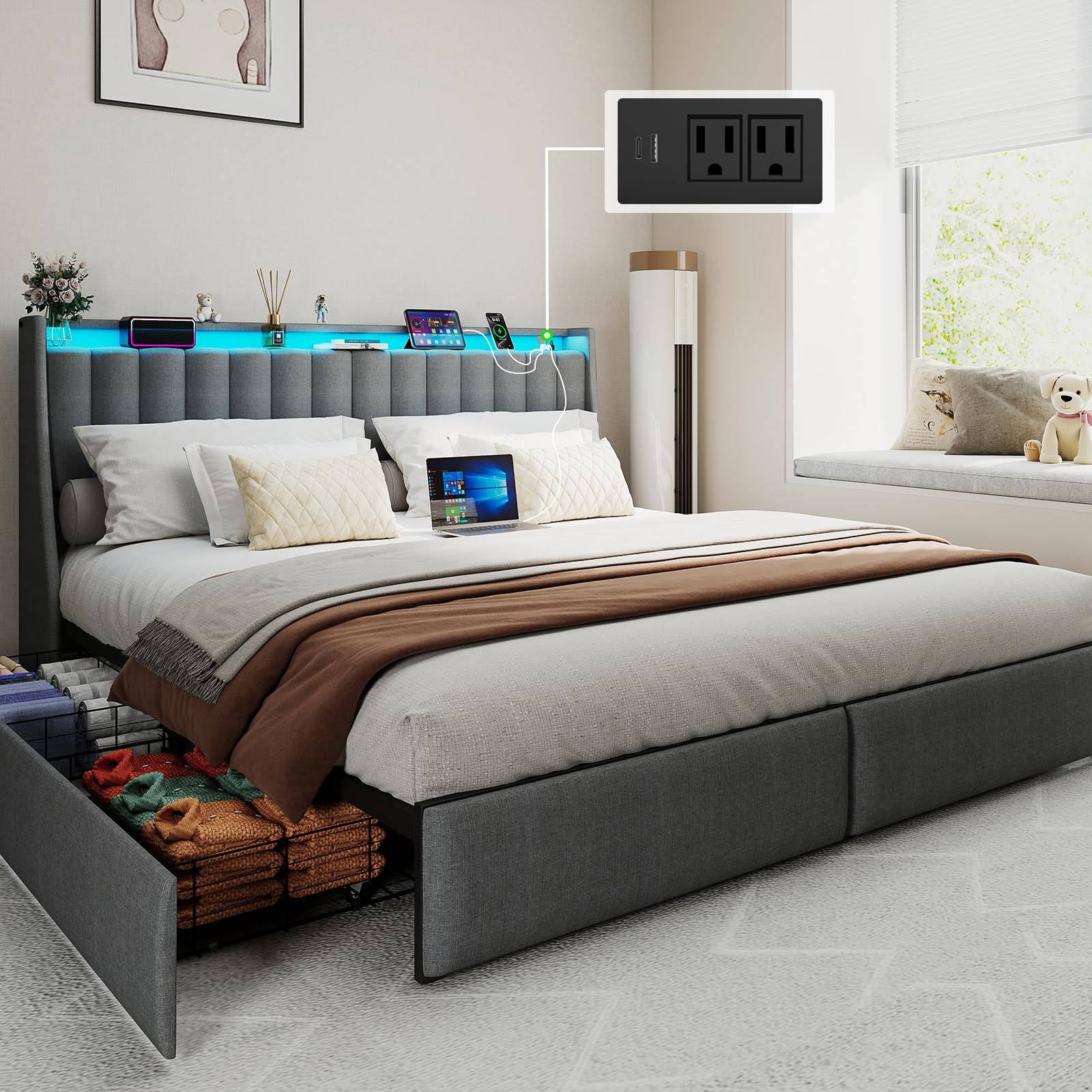 Doltoro King Size Bed Frame with 4 Storage Drawers and Headboard, Upholstered King Platform Bed with Charging Station and LED Lights, Noise-Free, No Box Spring Needed, Easy Assembly, Gray