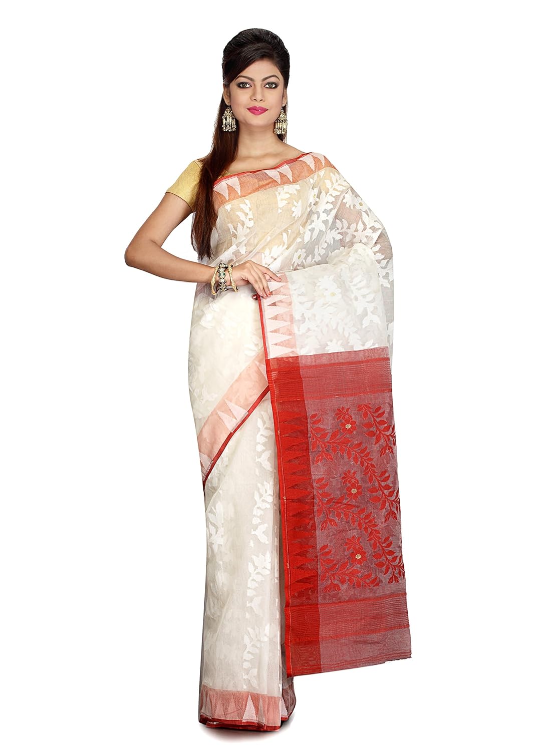 Buy Mayurakshi Women S Pure Cotton Dhakai Jamdani Saree Traditional Saree Jamdani 54 B Red White At Amazon In