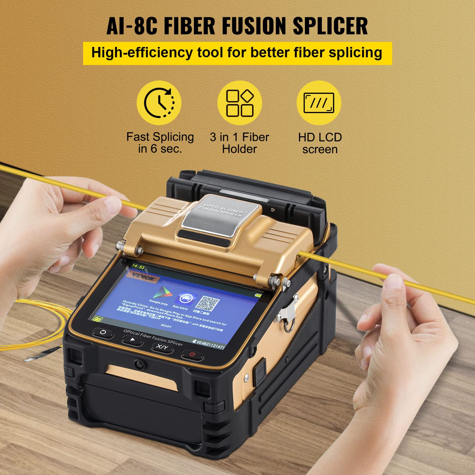 Mophorn Fiber Fusion Splicer AI-8 with 6 Seconds Splicing Time,Fusion Splicer Machine Melting 15 Seconds Heating, Automatic Fiber Optical Fusion Splicer for Optical Fiber & Cable Projects