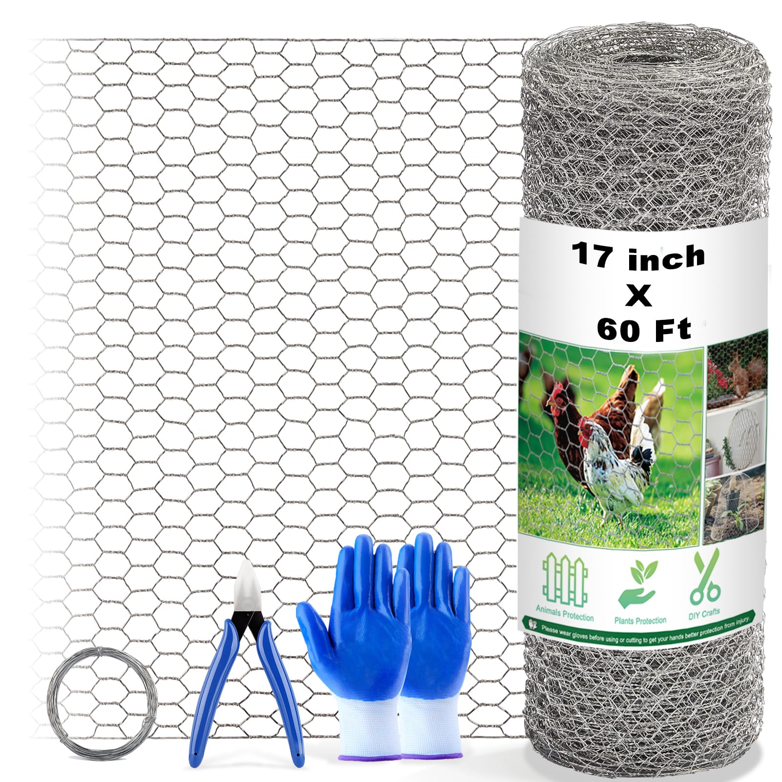 Photo 1 of Chicken Wire Fencing Mesh, 17 Inch x 60 Feet Metal Floral Chicken Wire Fence for Crafts Poultry Garden, 0.6 Inch Hexagonal Galvanized Hardware Cloth Netting for Chicken Coop Barrier Rabbit Cage
