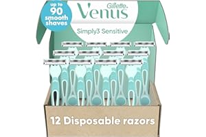 Gillette Venus Simply 3 Sensitive Disposable Razors, Sensitive Skin, 3 Bladed Razors, Pivoting Head for Incredible Comfort, Soft Grip Handle, 12 Count