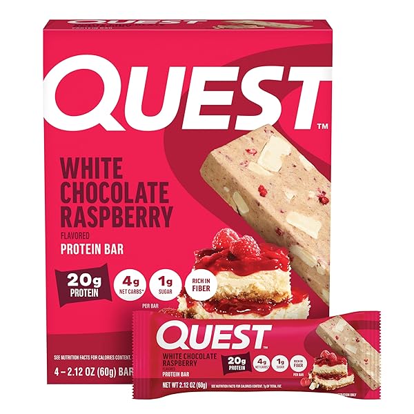 QUEST NUTRITION WHITE CHOCOLATE RASPBERRY PROTEIN BARS, 20G PROTEIN, 1G SUGAR, 5G NET CARB, HIGH FIBER, GLUTEN FREE, KETO FRIENDLY, 4 COUNT