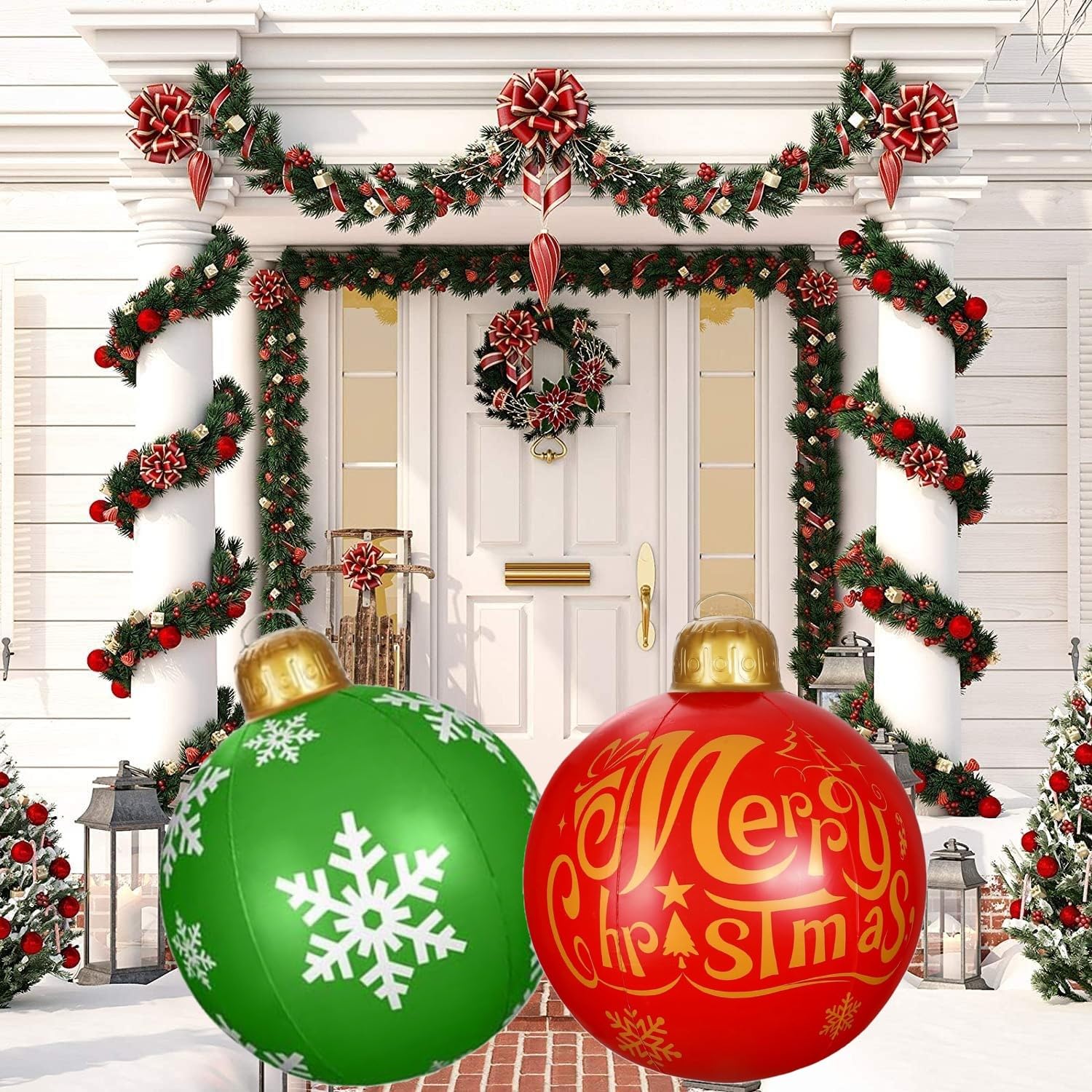 KAHEIGN 2Pcs Giant Inflatable Christmas Balls, 60CM Red Green Blow Up Decoration Ball PVC Inflatable Holiday Ornament for Christmas Indoor Outdoor Home Garden Lawn Yard Porch Decoration
