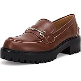 VETASTE Womens Lug Sole Platform Mid Chunky Heel Loafers Classic Round Toe Slip On Office Uniform Oxfords Shoes with Metal Chain