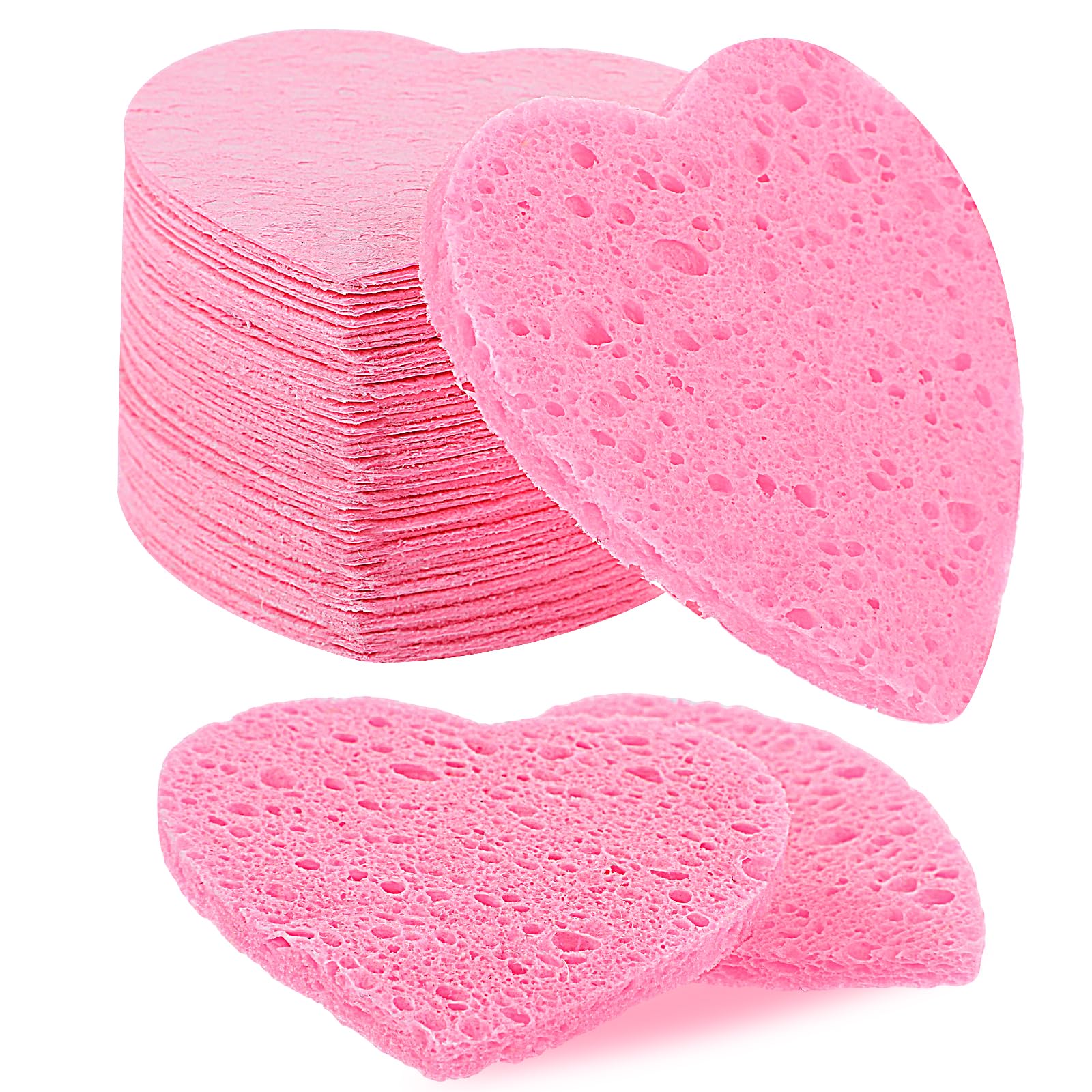 60 Pink Heart Face Sponges for Exfoliating, Reusable Facial Cleansing Sponge for Daily Deep Cleansing and Makeup Removal