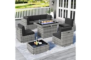 LayinSun 8 Piece Patio Furniture Set with Fire Pit Table, Outdoor Conversation Sets Wicker Rattan Sectional Sofa with Coffee Table
