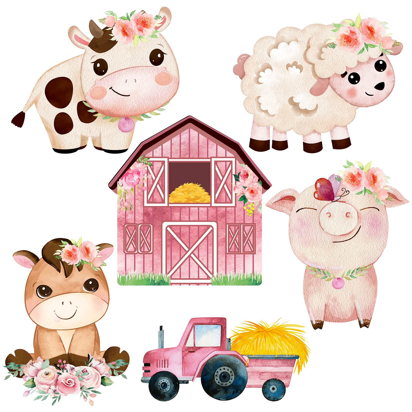 Photo 1 of Hotop 42 Pcs Floral Farm Animal Cutouts Pink Farm Theme Party Decorations with 60 Glue Point Dots for Girls Animals Birthday Party Supplies Baby Shower