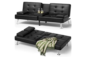 Futon Sofa Bed, Leather Futon Couch with Removable Armrests, Adjustable Recliner Sleeper Sofa Bed with Dual Cup Holders for L