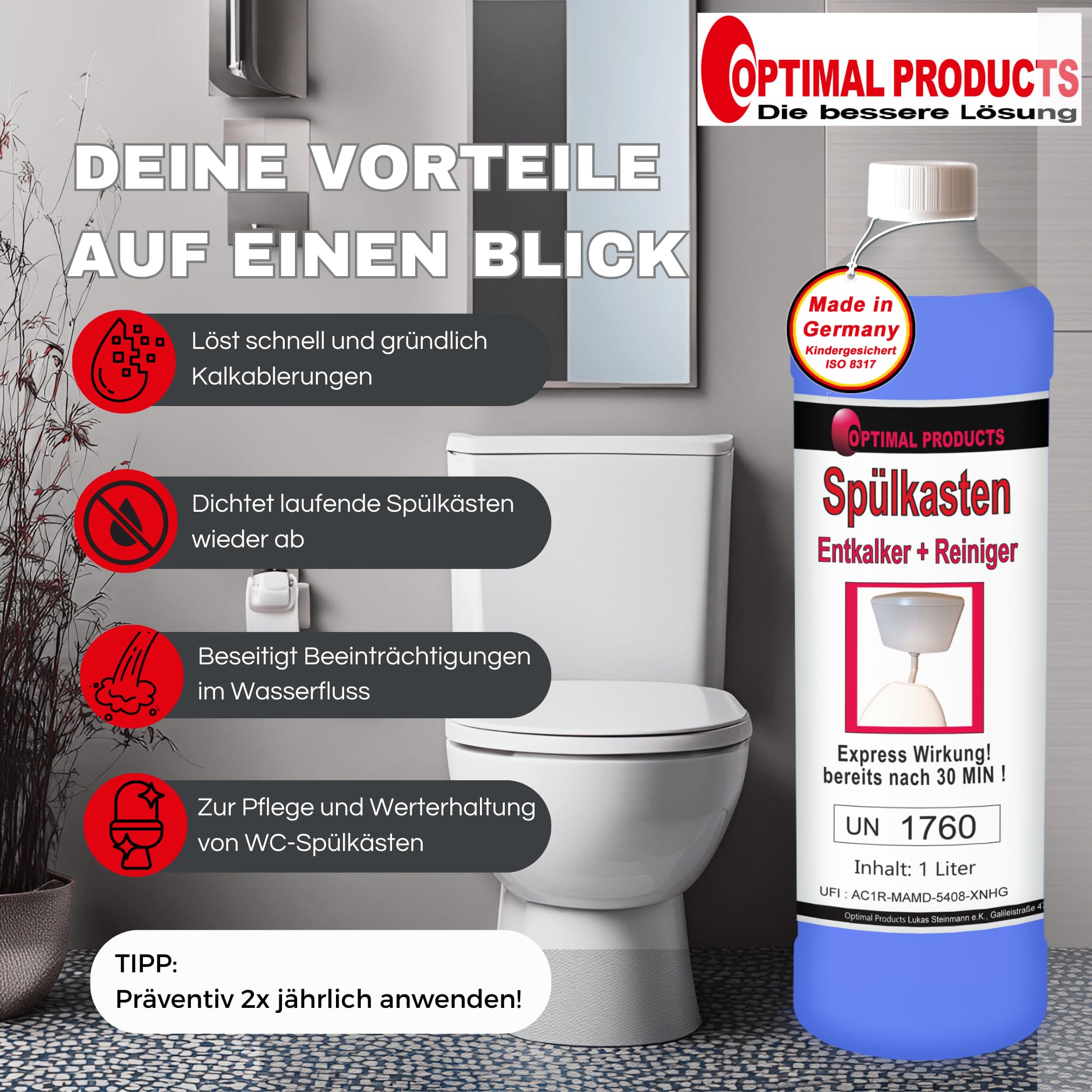 Optimal Products 5 Liter Spülkasten Entkalker mit Express-Wirkung nach 30 Minuten, 2 in 1 - Löst Kalk und reinigt den WC-Spülkasten 7