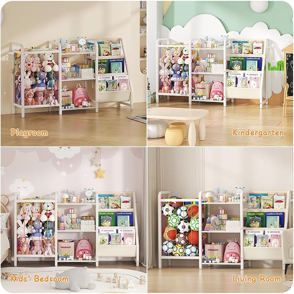 CYXPHION B1 KIDS BOOKSHELF AND TOY STORAGE, 3-TIER BOOK SHELF FOR KIDS ROOMS, SLING BABY BOOKCASE WITH STUFFED ANIMAL STORAGE, MONTESSORI TODDLER BOOKSHELF FOR NURSERY, BEDROOM, PLAYROOM, WHITE