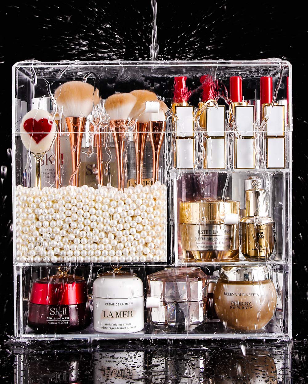 MOOCHI Clear Large Makeup Organizer Multifuncational Dust Free Water Proof Cosmetics Storage Drawers Display Case for Brushes Lipsticks Skin Care Jewelry - Pearls Not Included: Beauty