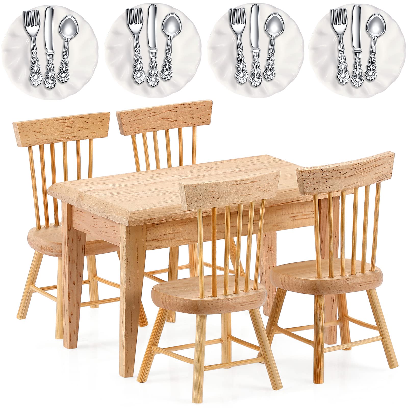 Photo 1 of Zhanmai 21 Pcs Dollhouse Miniature Table and Chairs Dollhouse Plates Knives Spoons Forks 1/12 Scale Wooden Table Miniature Min Accessories for DIY Kitchen Decoration