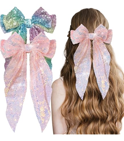 Amazon.com : Ninejuize 2Pcs Glitter Hair Big Bows for Women  display picture 3