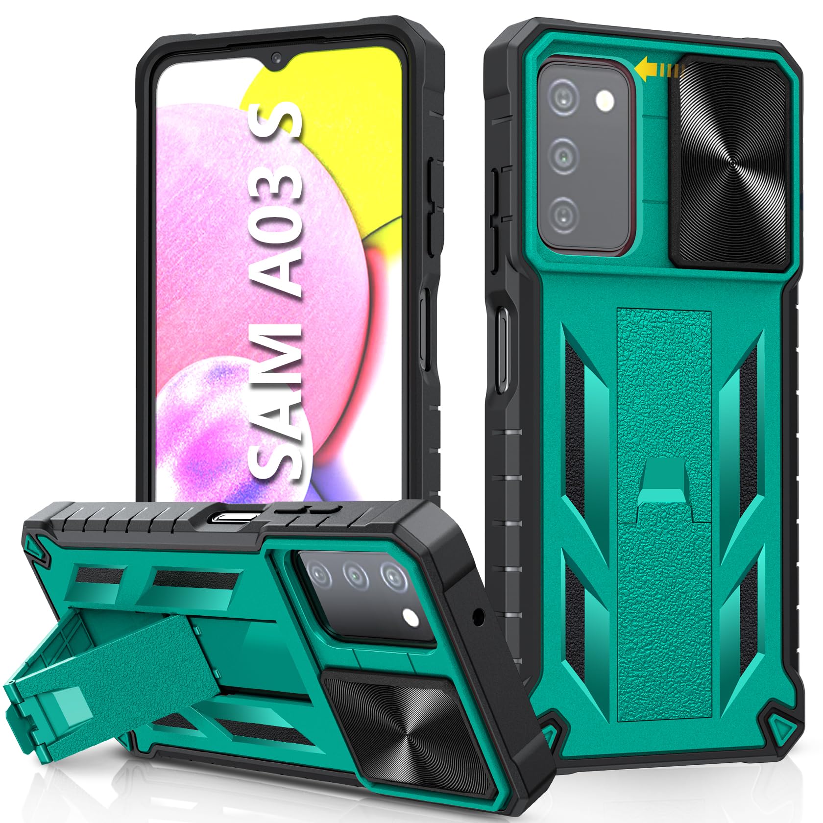 for Samsung Galaxy A03s Protective Case: Military Grade Drop Proof Full Protection Phone Cover with Kickstand & Shockproof TPU Shell | Rugged Matte Textured Tough Mobile Bumper Case