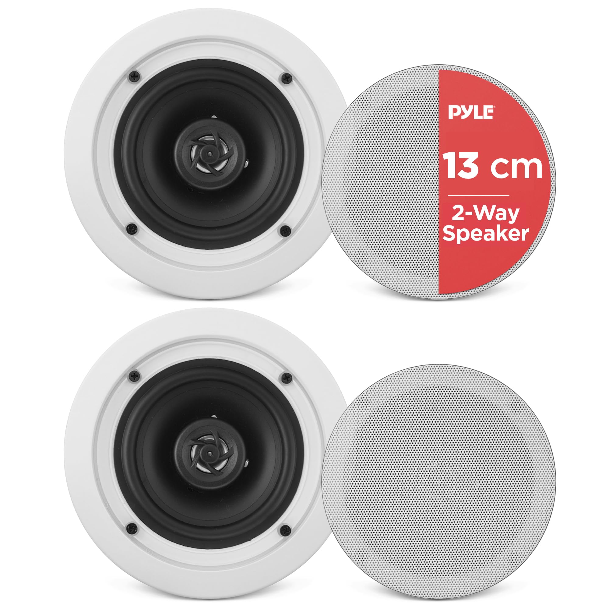 Pyle Ceiling Speakers, Wall Mounted Wireless Ceiling Speakers, 13.34cm Pair of 2-Way Midbass Woofer Speaker & 150 Watts, Flush Mount Sound, Easy Installation for Indoor/Outdoor, Kitchen, Bathroom