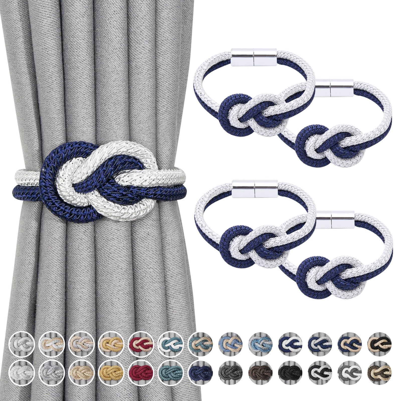 Pretty Jolly 4 Pack Mini Magnetic Curtain Tiebacks Nordic Simple Style Drape Tie Backs Elegant Hand Weave Rope Knot Decorative Curtain Holdbacks for Home & Office Window Drapery (Dark Blue & White)