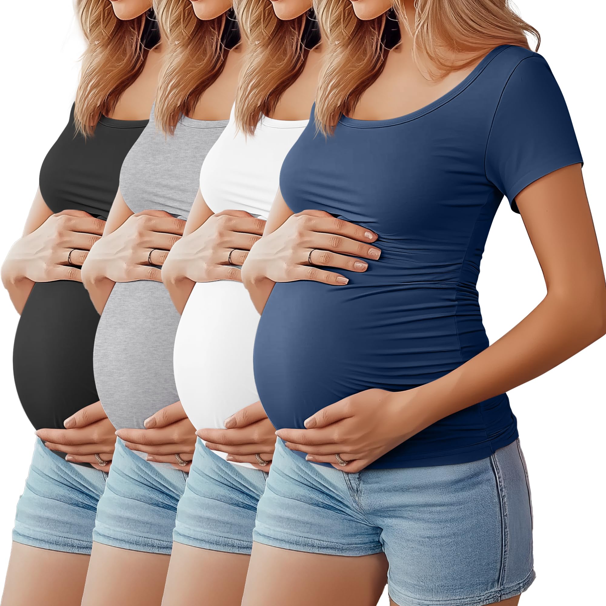 Photo 1 of Huukeay 4 Pack Women's Maternity Shirts Scoop Neck Maternity Top Short Sleeve Casual Cotton Tee Side Ruched Pregnancy Clothes(Black, Navy Blue, White, Light Gray,Large)