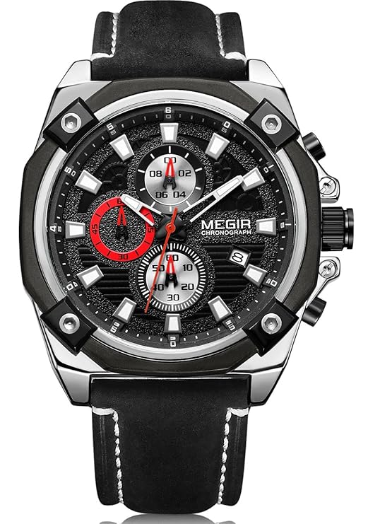 MEGIR Herren Chronographen Armbanduhr Leder Schwarz MN2054