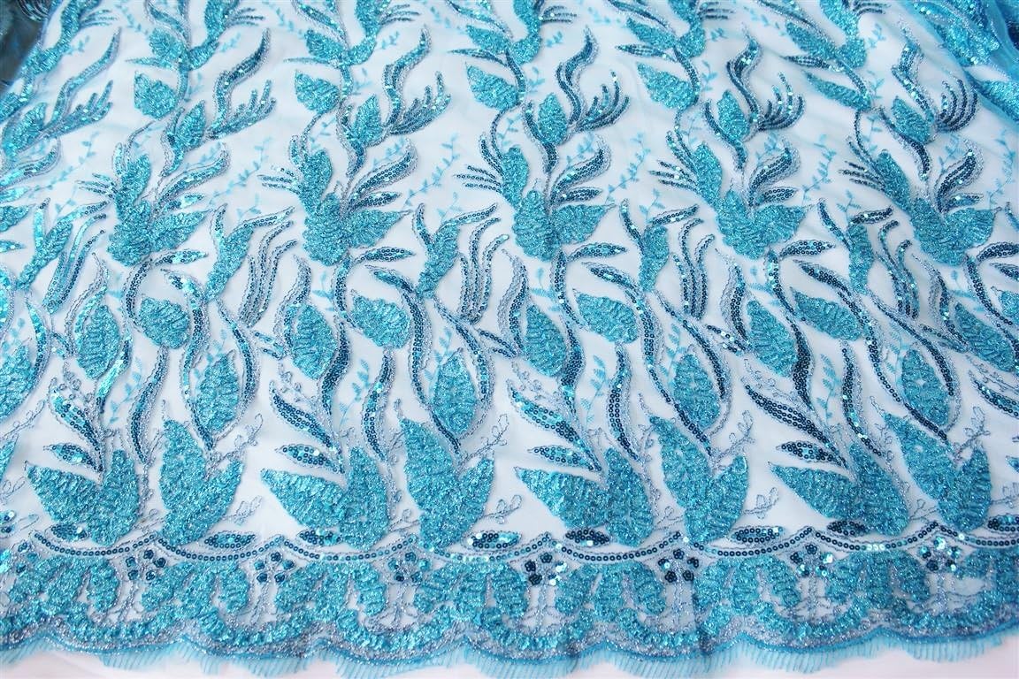 Blue, Fancy Leaf Design Lace Fabric with Embroidery and Squin on the Mesh, Fashion