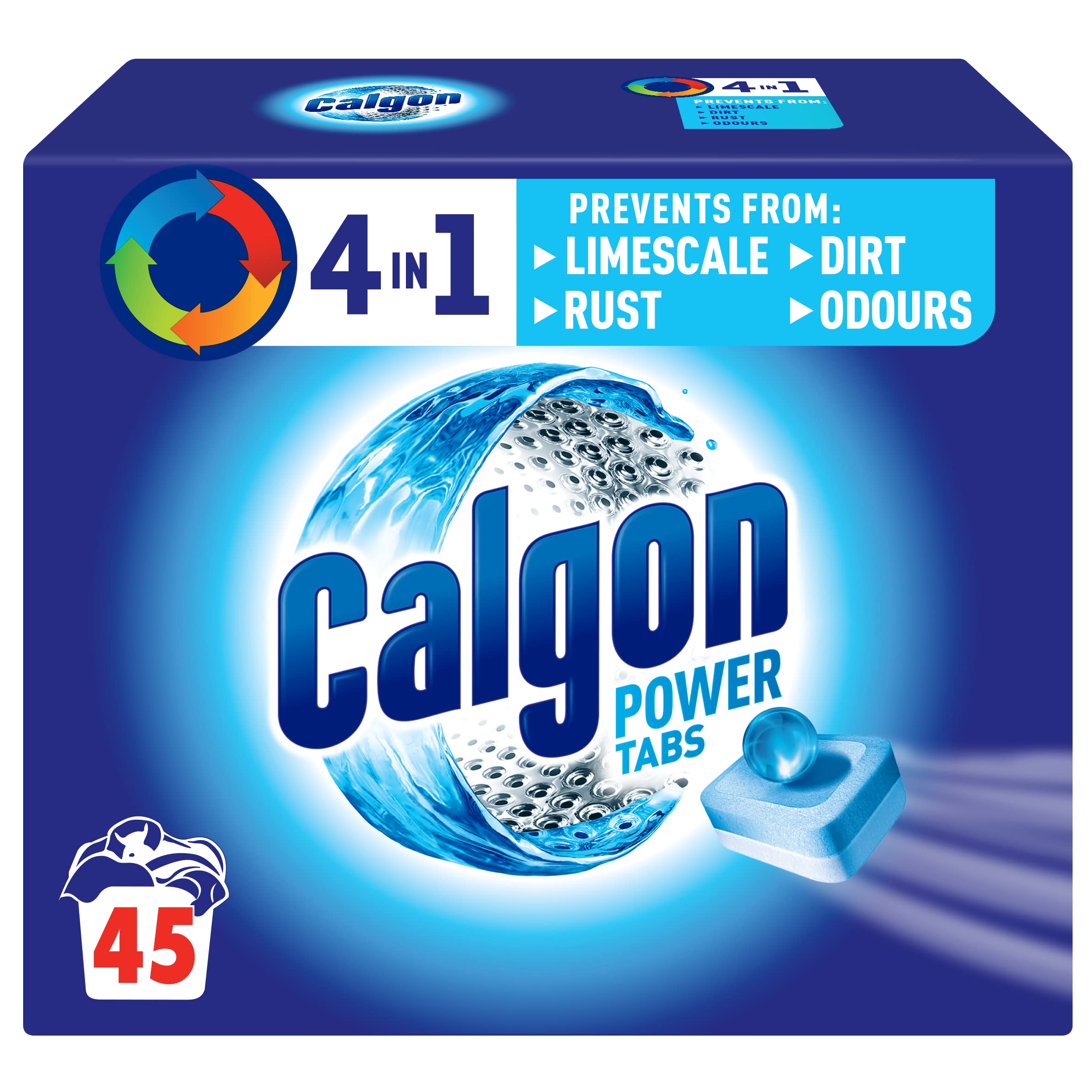 Calgon 4-in-1 Washing Machine Cleaner and Water Softener Tablets, 45 Count | Removes Limescale, Residue, Dirt, Rust & Malodours | Deep Clean | L Pack Size