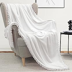 PAVILIA White Throw Blanket Pom Pom for Couch, Twin