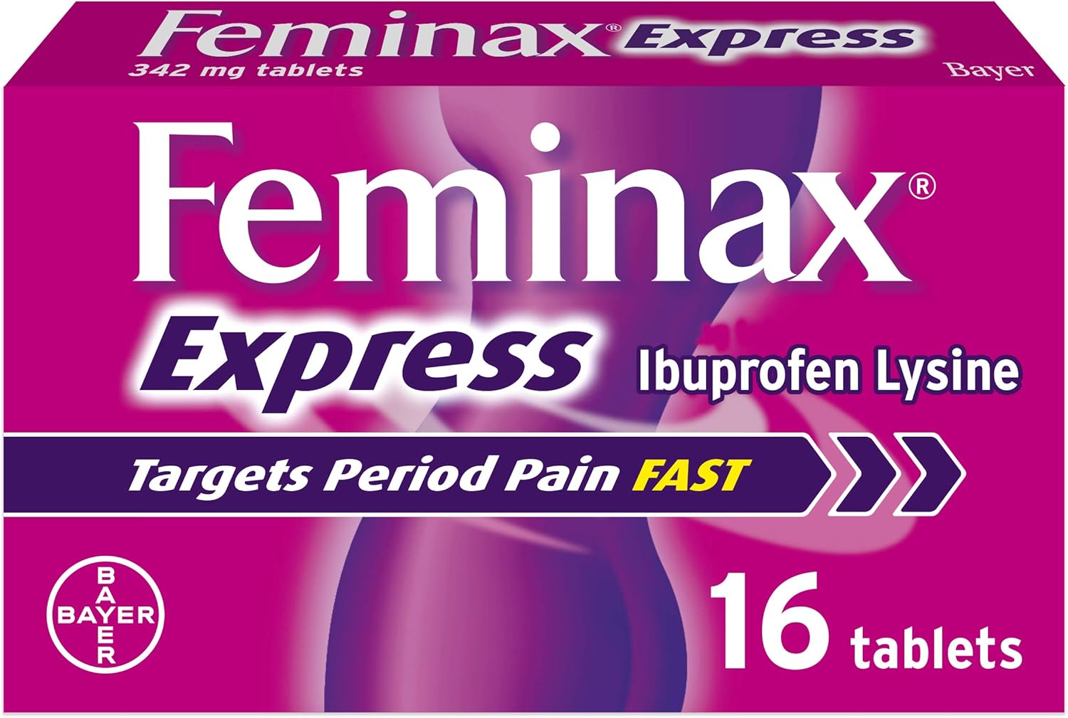 Feminax Express Period Pain and Cramps 16 Tablets, Contains Ibuprofen Lysine, Fast Relief from