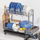 MAJALiS Dish Drying Rack for Kitchen Counter, Dish Drainer with Drainboard | 2 Tier Stainless Steel Large Dryer Racks for Sma