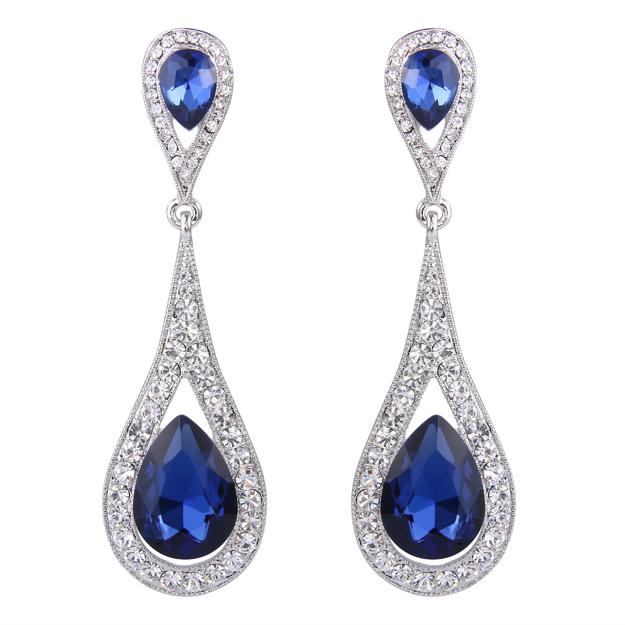 EVER FAITH Navy Blue Crystal Teardrop Dangle Earrings for Women Girls, Sparkly Rhinestone Vintgae Statement Drop Pierced Earring Wedding Prom Birthday Party Jewellery for Brides Bridal Silver-Tone