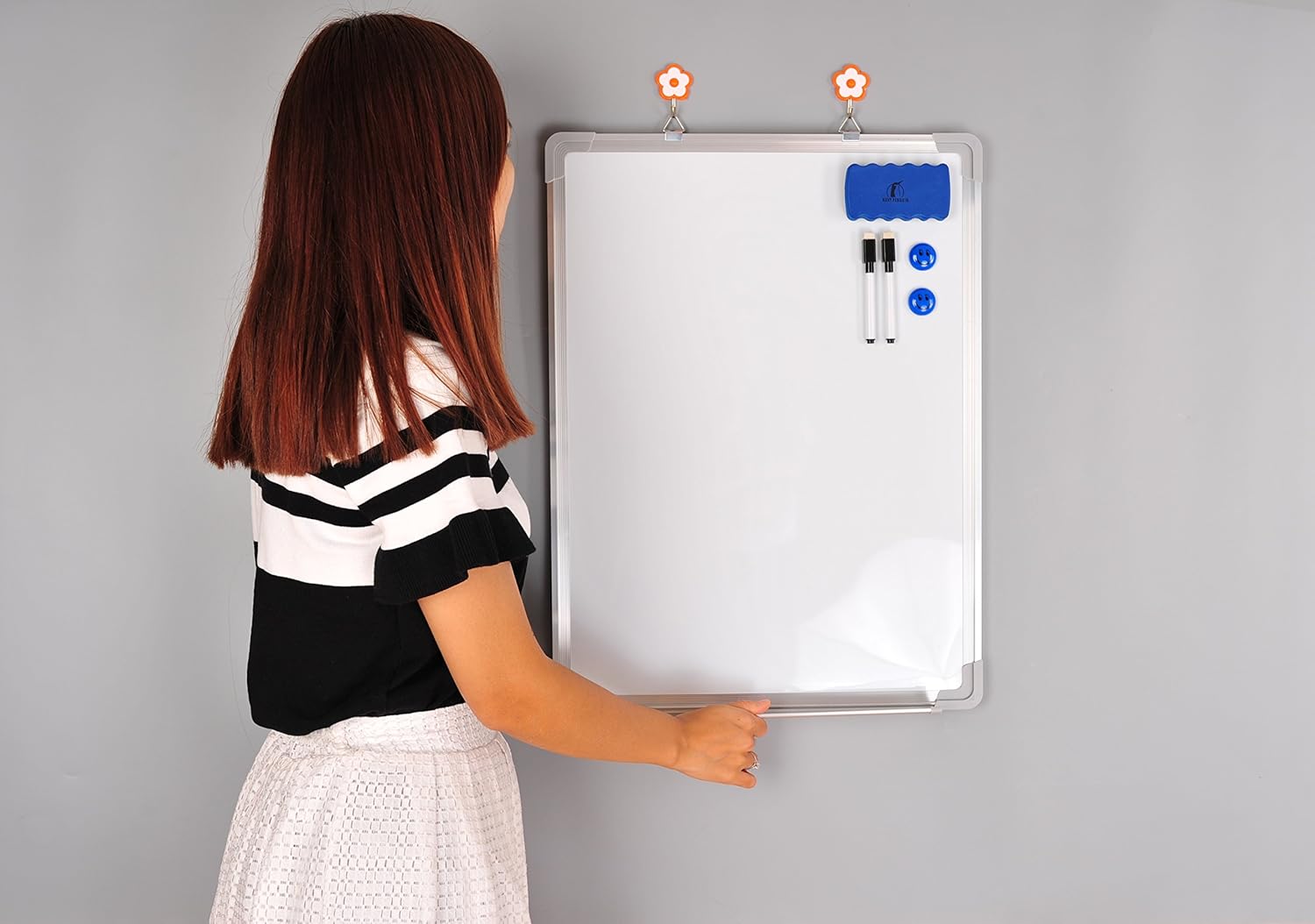 Whiteboard Set - Dry Erase Board 18 x 24" + 1 Magnetic Dry Eraser, 2 Dry-Erase Black Marker Pens and 2 Magnets - Small White Hanging Message Scoreboard for Home Office School (24x18" Portrait) : Office Products