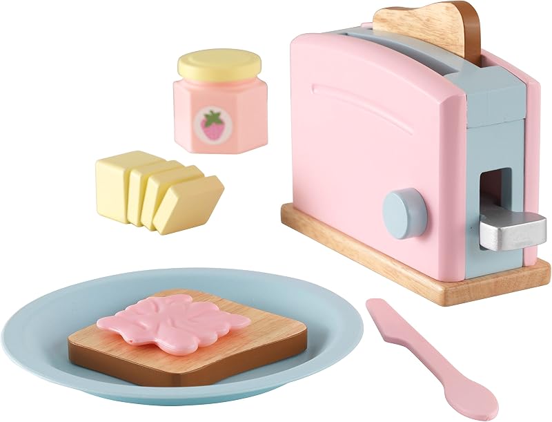Pastell Toaster Spielset aus Holz für Kinderküche mit 2 Scheiben Brot mit Sandwichfüllung, Spielküche Zubehör, Spielzeug für Kinder ab 3 Jahre, 63374
