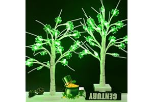 LLCHB St Patricks Day Birch Tree: 24 Inch Small Light Up Table Top Artificial LED Tree Decorations with White Branches and Green Shamrock Ornaments, Timer USB &Battery Operated, Irish Home Decor