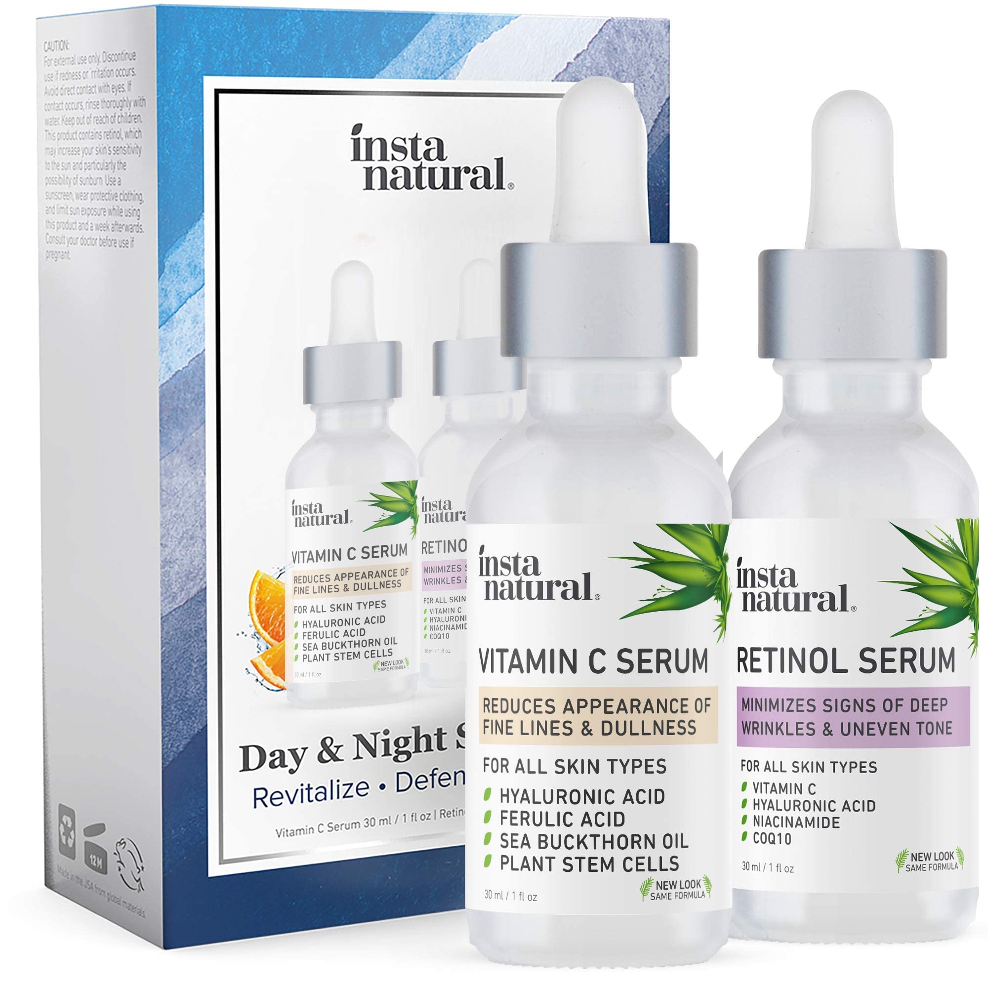 Day & Night Duo Bundle - Vitamin C Serum & Retinol Serum - Natural & Organic Anti Aging Formula for Face - Improve Skin Texture & Glow - Reduce Fine Lines Dark Spots Hyperpigmentation - InstaNatural