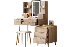 Vanity Desk with LED Mirror and Lights - 7 Drawer Makeup Vanity with Jewelry Storage, Fluted Dressing Table with Power Outlet
