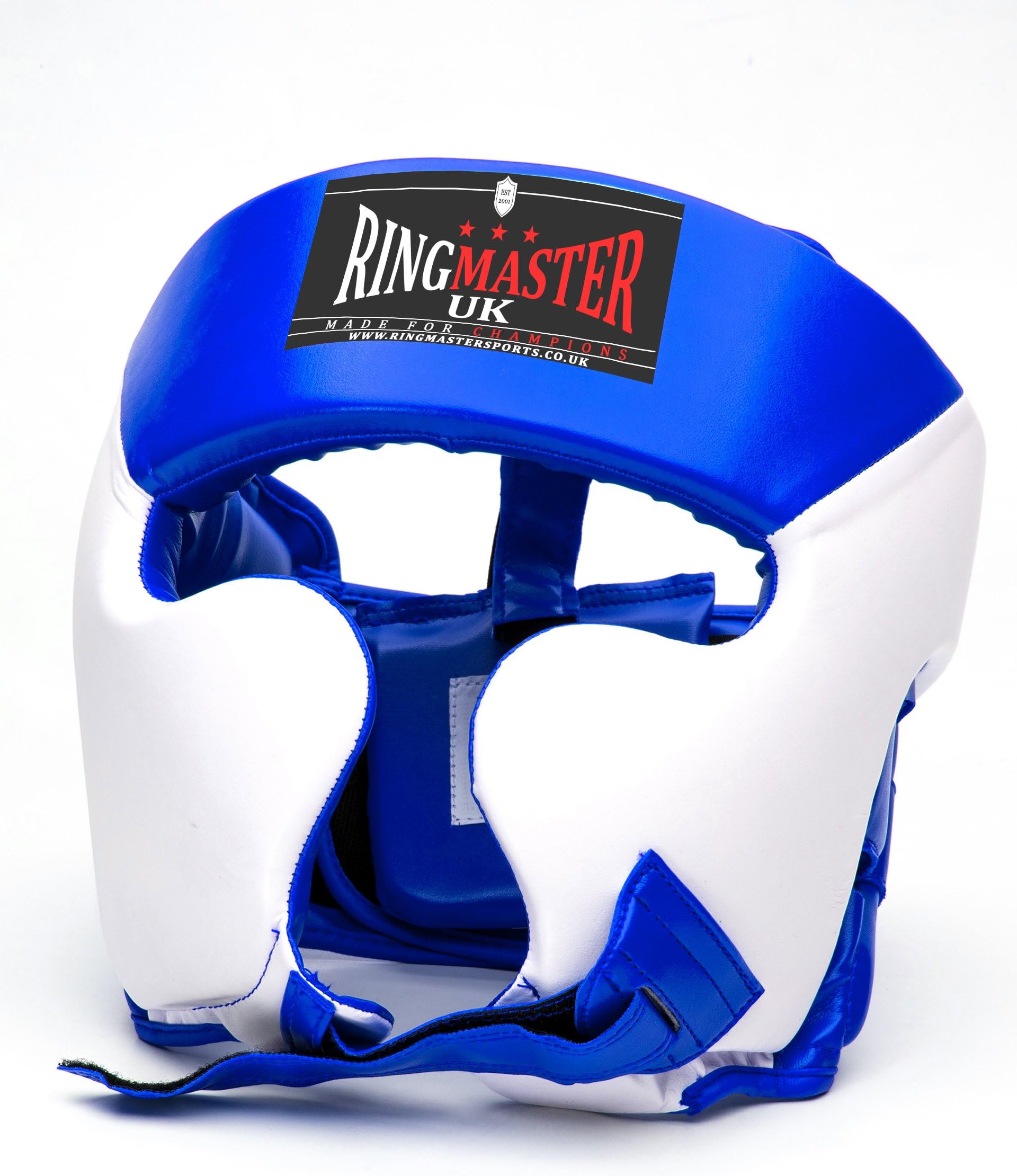 RingMasterUK Head Guard HeadGear Boxing MMA Martial Arts Protector Kick (Blue/White, Small - Medium)