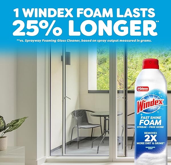 WINDEX FAST SHINE FOAM GLASS CLEANER, NO-DRIP AEROSOL CLEANING SPRAY, 19 OZ.