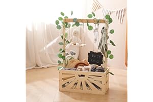 WOODEN TEETHER Wooden Baby Shower Crate Closet, Baby Basket with Adjustable Handle and Garland, Storage Crate Hamper, Baby Shower Wooden Gift Crate, Baby Personailzed Basket for Pregnancy New Parent (No Accessories)