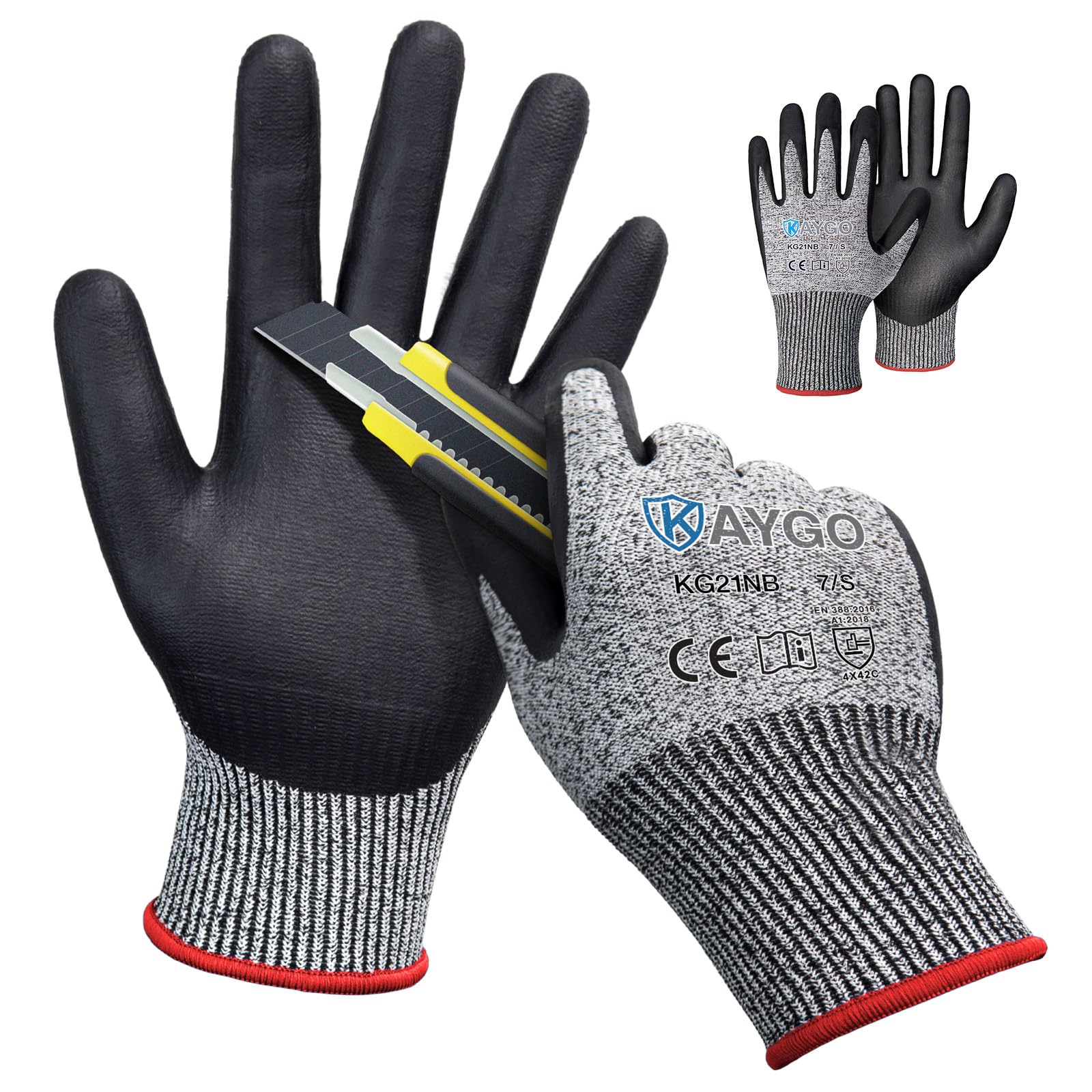 KAYGO Cut Resistant Work Gloves - 2 Pairs, Level C Protection, MicroFoam Nitrile Coated Good Grip Machine Washable, Cut Proof Safety Gloves EN388 4X42C, Ideal for General Purpose, KG21N (Grey, S) — image 1