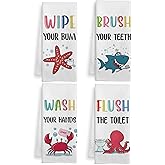 WOTYPU Kids Hand Dish Towels Set of 4, Kids Bathroom Hand Towels, Boys Girls Bathroom Decor, Wash Your Hands Flush The Toilet, Washroom Decor, 16X24In