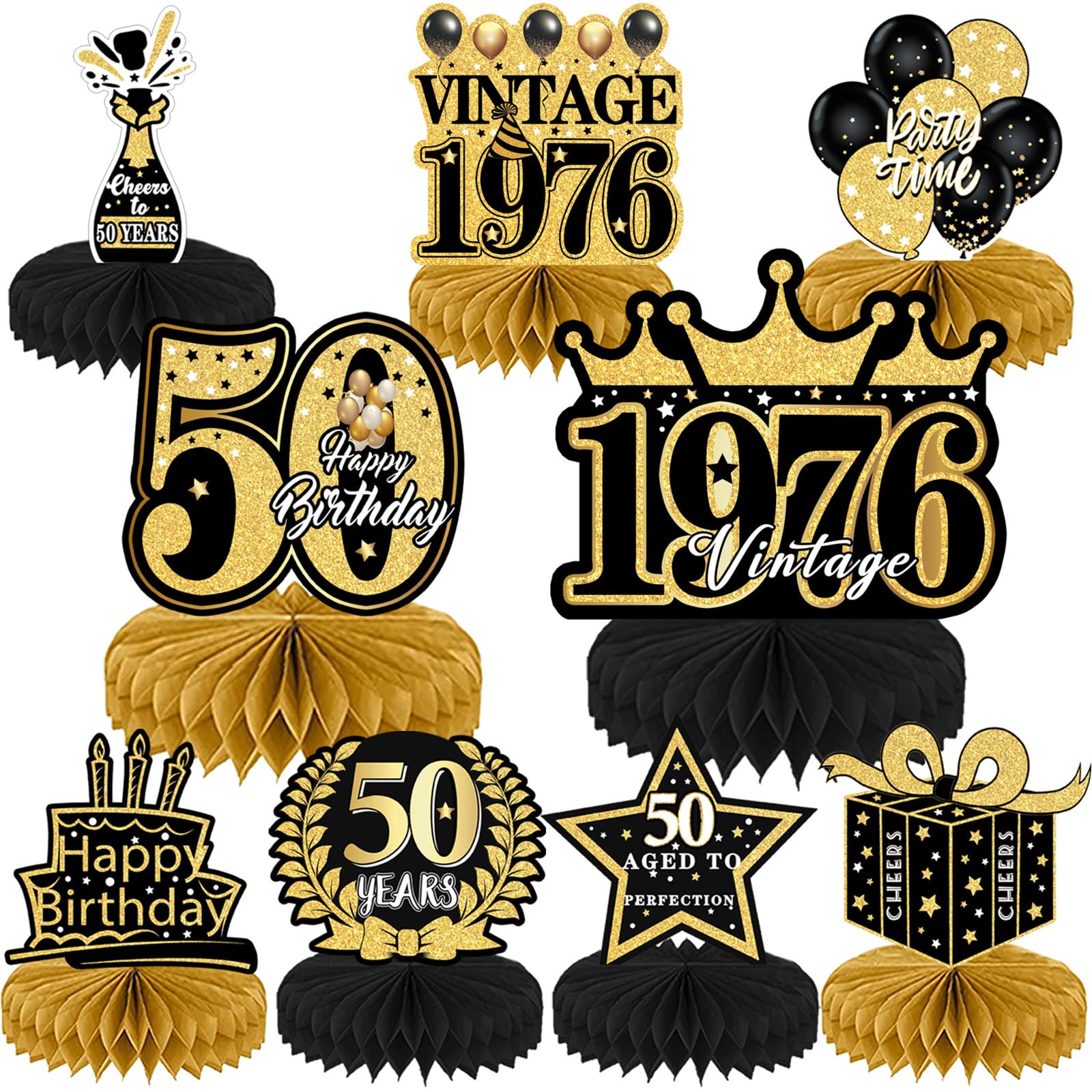 Refavor 50th Birthday Decorations for Men - 9Pcs Black Gold 50th Birthday Party Decorations Women Vintage Table Decor Supplies Honeycomb Centerpieces Happy 50 Years Party Decor