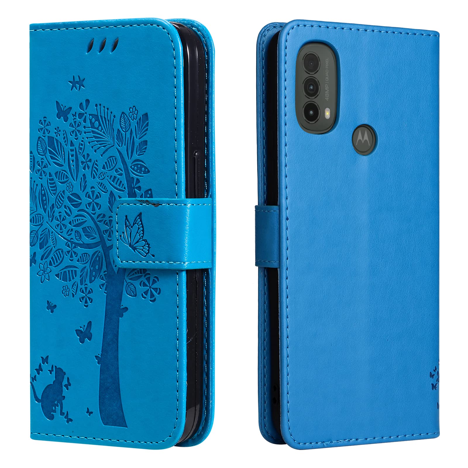Case for Motorola Moto E20 / E30 / E40, Flip Case with Card Slots Magnetic Closure Stand PU Leather Wallet Phone Cover Cat & Tree Embossed Soft TPU Bumper Protective Shockproof Case, Blue