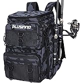 PLUSINNO Fishing Backpack with Rod Holders Tackle Box, 42L Large Water-resistant Fishing Tackle Bag Store Fishing Gear