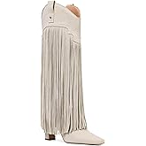 Mattiventon Knee High Boots for Women Fashion Fringe Boots with Square Toe Chunky Heel Pull On Suede Tall Boot for Party Dating