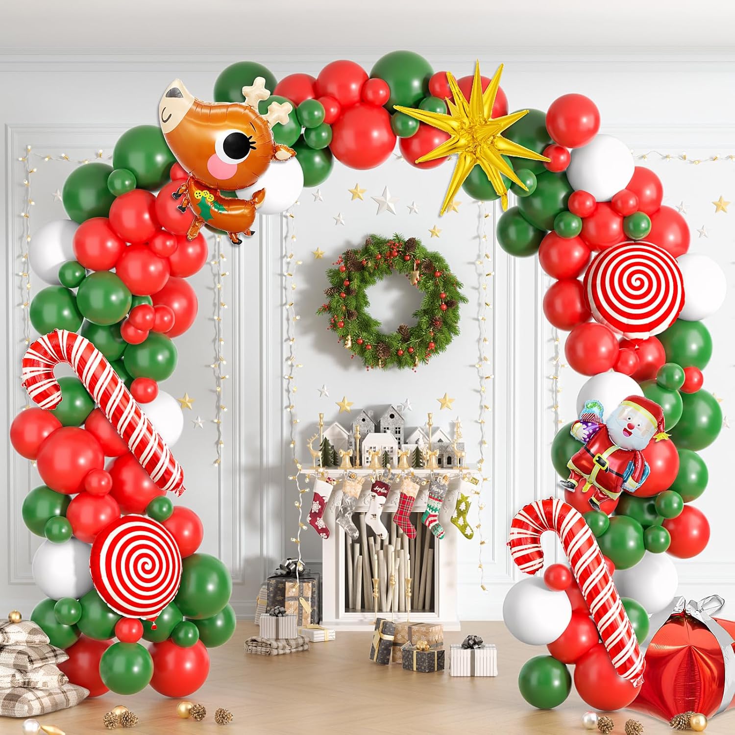 Wreaths, Garlands & Swags - Christmas Balloons Garland Arch Kit - 122PCS Red Green Christmas Party Decorationswith Santa Claus Elk Cane Candy Gift Box Cone Mylar Balloons and Candies Theme Party Decorations
