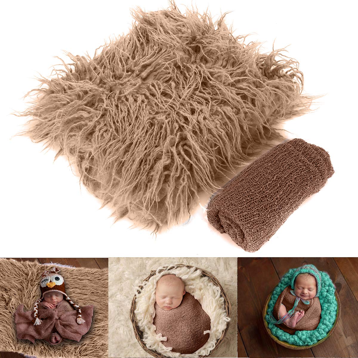 Newborn Photography Props Fluffy Blanket & Ripple Wrap Set Baby Photo Props Faux Fur Backdrops Mat Rug Knit Wrap Blanket Shower Gift for Boys Girls