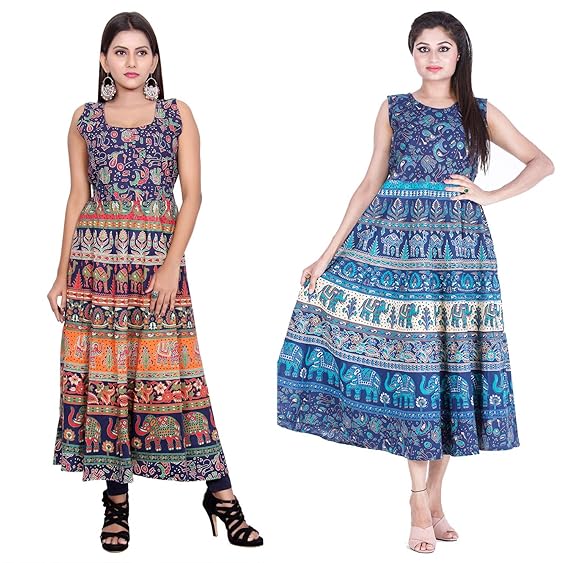 Combo Women Long Cotton Jaipuri Maxi Dress Set of 2 Maxi Dress (Free Size, Size-S-XXL)