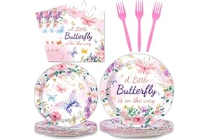 OBUSATT Butterfly Baby Shower Party Plates Napkins Supplies for 24 Guests,A Little Butterfly is On The Way Baby Girl Party Disposable Paper Tableware Pink Floral Princess Girl Dinnerware for Baby Shower 96Pcs